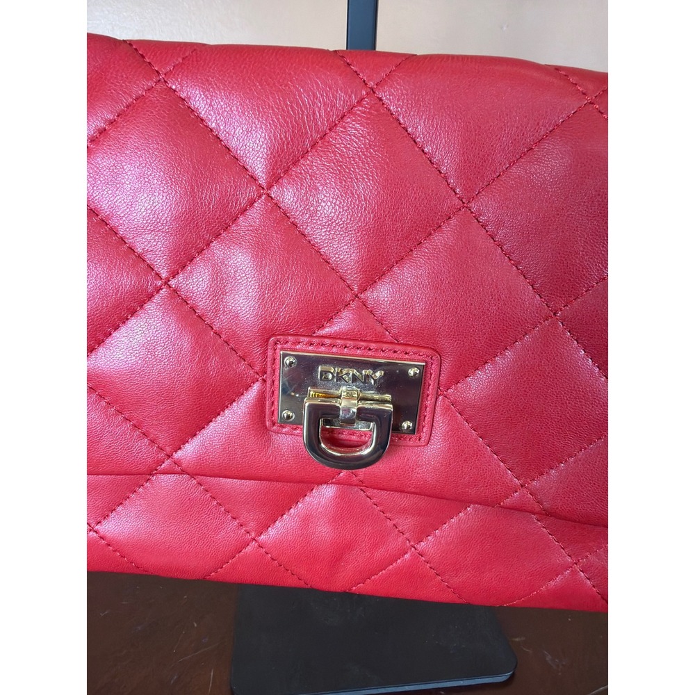 DKNY Red Quilted Leather Shoulder Bag Gold Chain Strap Turn Lock Flap Purse - Picture 2 of 14
